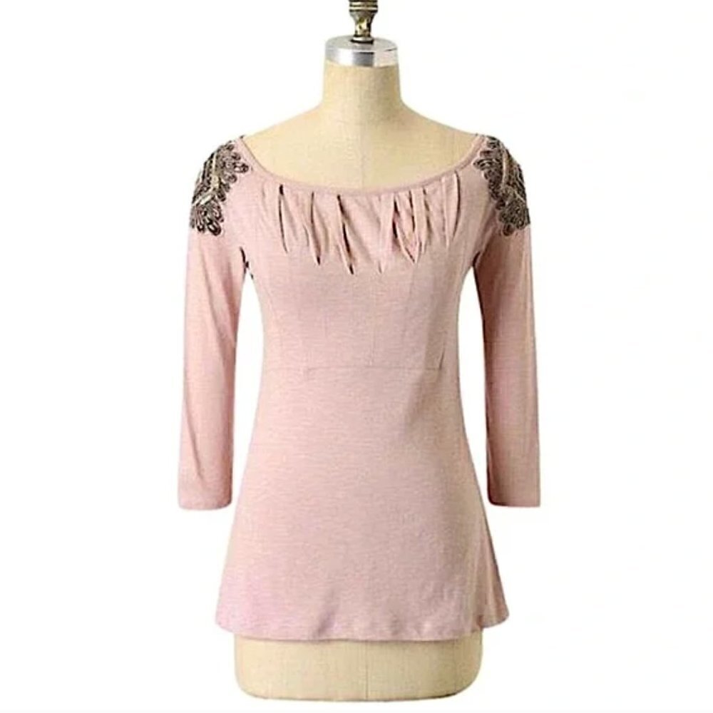 Anthropologie Deletta Corinthian Top S Sequin Beaded Shoulder Pleated Front